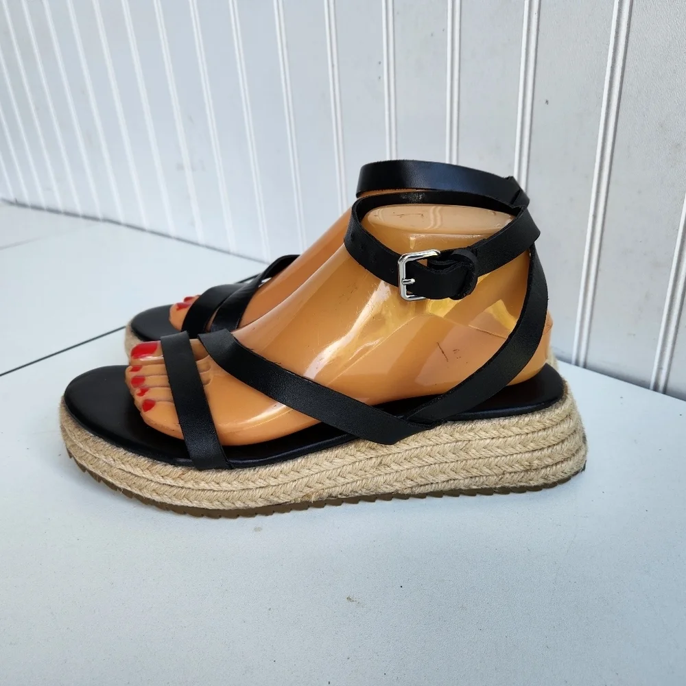 Zara Abierto Tac Heel Black Leather Espadrille Sandal size 38 US 8